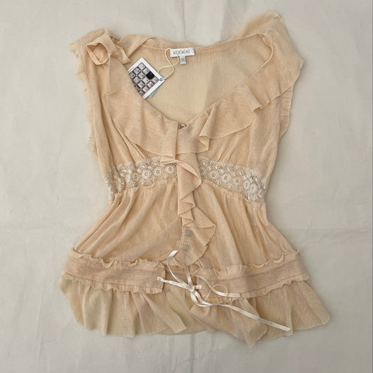 Kookai Apricot Orange Ruffle Sheer Lace Blouson