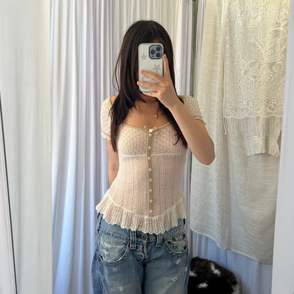 Cynthia Rowley White Pointelle Fine Knit Blouse