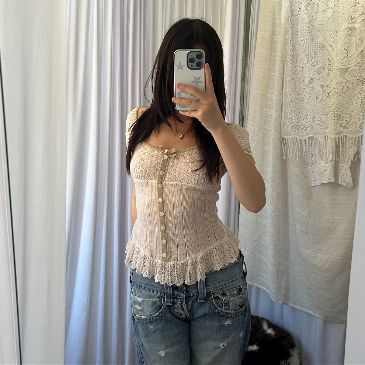 Cynthia Rowley White Pointelle Fine Knit Blouse