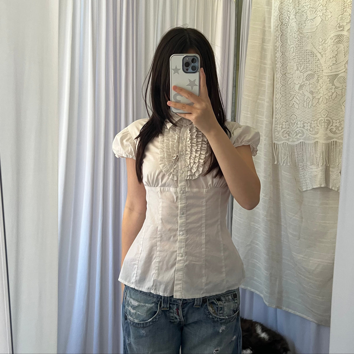 List White Ruffle Pleated Blouse