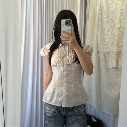 List White Ruffle Pleated Blouse