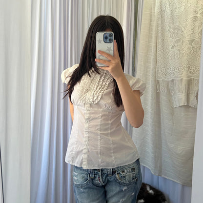 List White Ruffle Pleated Blouse