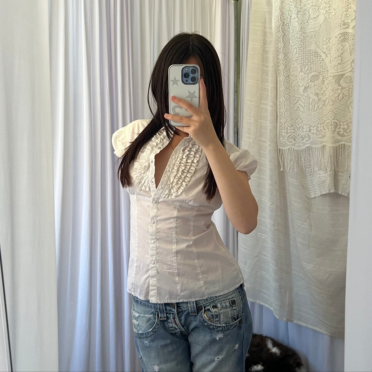 List White Ruffle Pleated Blouse