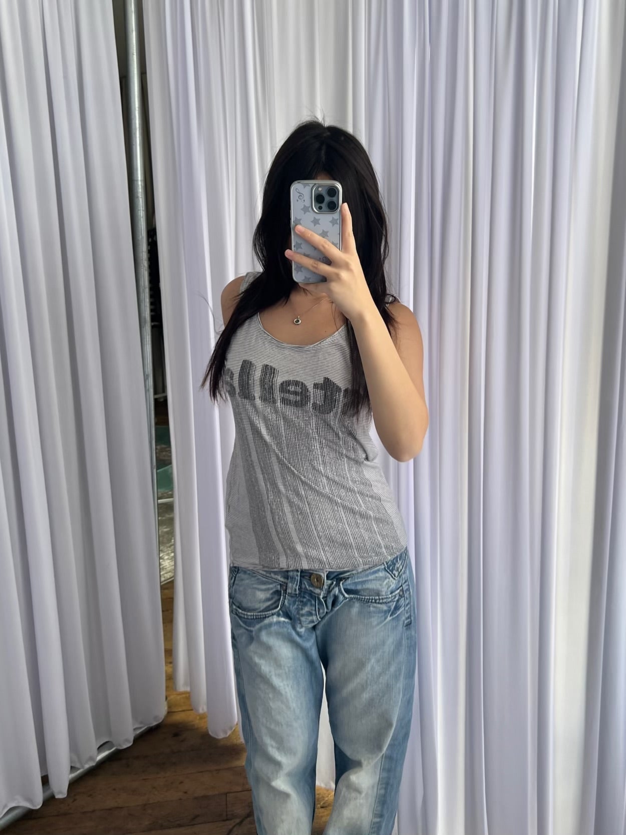 Adidas X Stella Mcartney Grey Striped Stella Text Graphic Tank Top