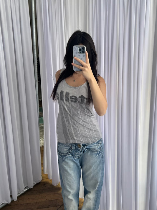 Adidas X Stella Mcartney Grey Striped Stella Text Graphic Tank Top