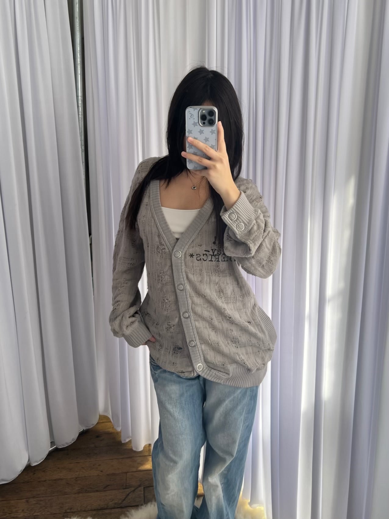 Hysteric Glamour Grey Distressed Graphic Knit Cardigan