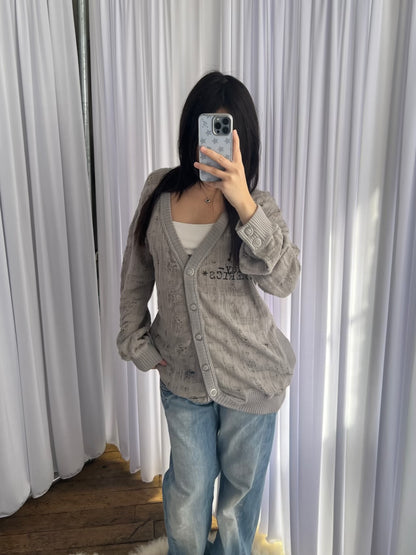 Hysteric Glamour Grey Distressed Graphic Knit Cardigan