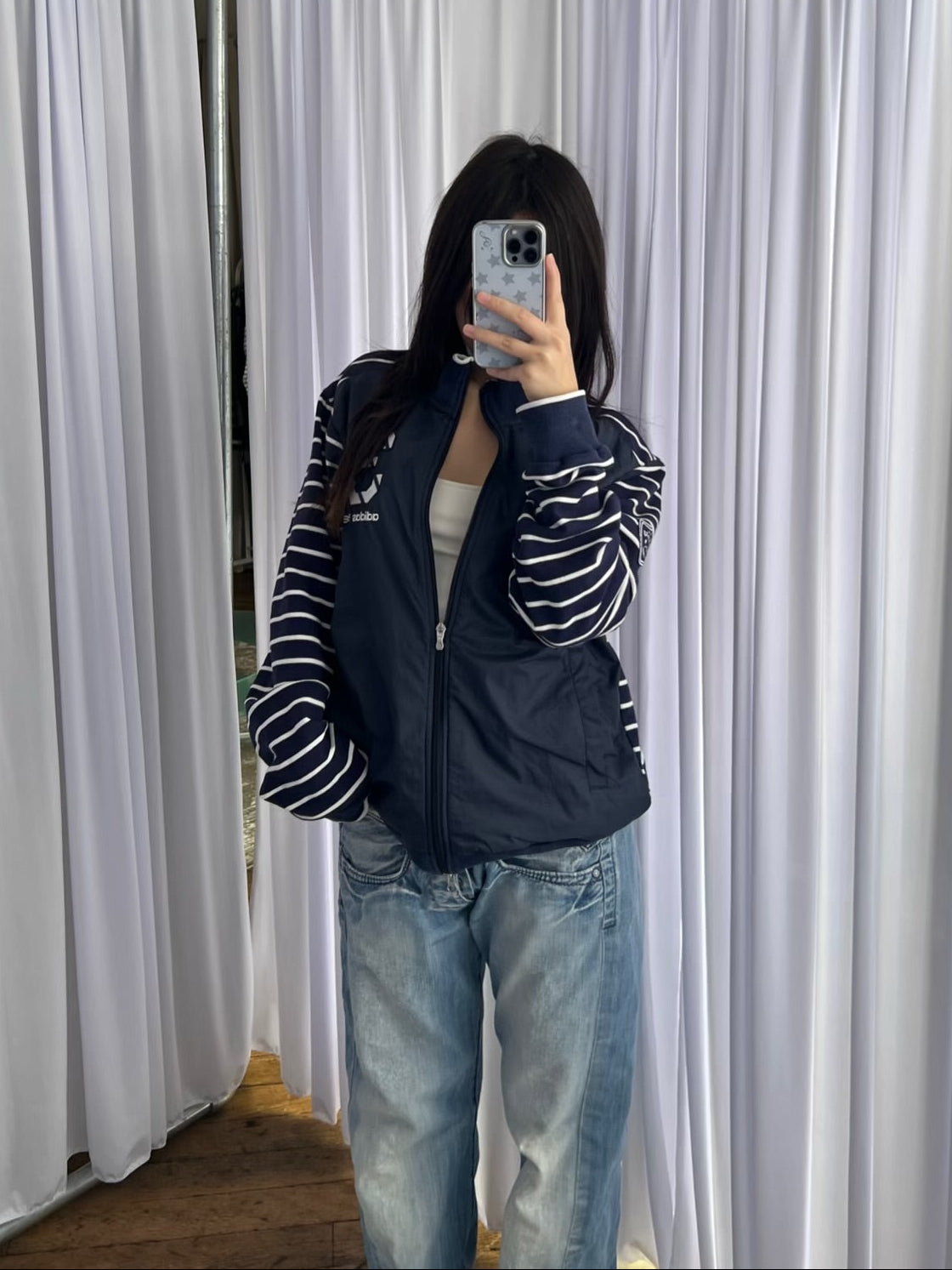 White Navy Striped Sleeve Adidas High Neck Track Jacket