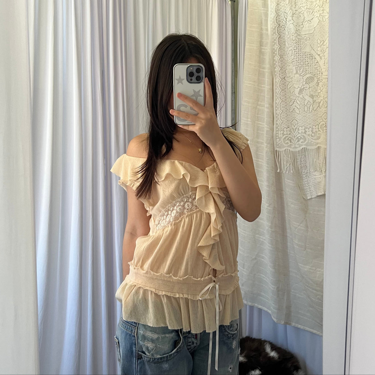 Kookai Apricot Orange Ruffle Sheer Lace Blouson