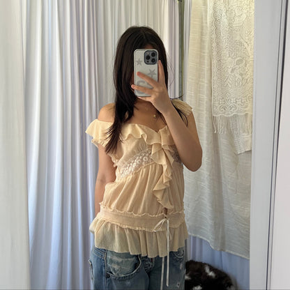 Kookai Apricot Orange Ruffle Sheer Lace Blouson