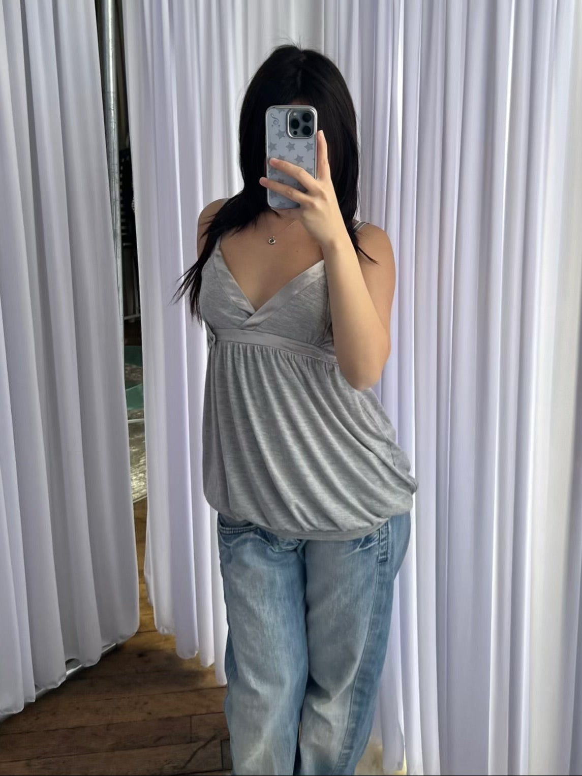 Motivi Grey Puffy Balloon Hem Satin Ribbon Trim Camisole