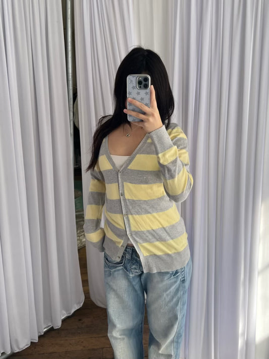 Redoute Yellow Grey Long Sleeve Fine Knit Cardigan