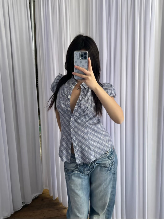 Burberry Blue Label Spring Cornflower Blue Checkered Puff Sleeve Ruffle Collared Blouse