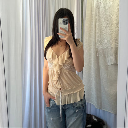 Kookai Apricot Orange Ruffle Sheer Lace Blouson
