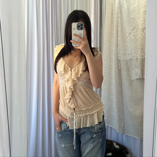 Kookai Apricot Orange Ruffle Sheer Lace Blouson