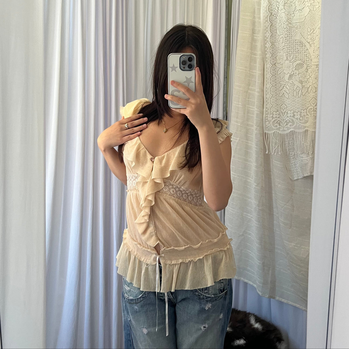 Kookai Apricot Orange Ruffle Sheer Lace Blouson