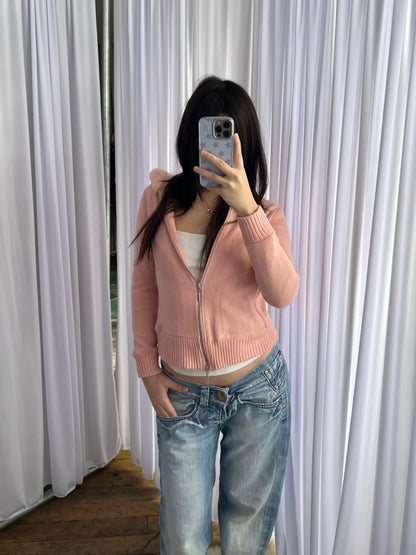 Vintage Playboy Peachy Pink Rabbit Fur Trim Asymmetric Zip Knit Hoodie Jacket