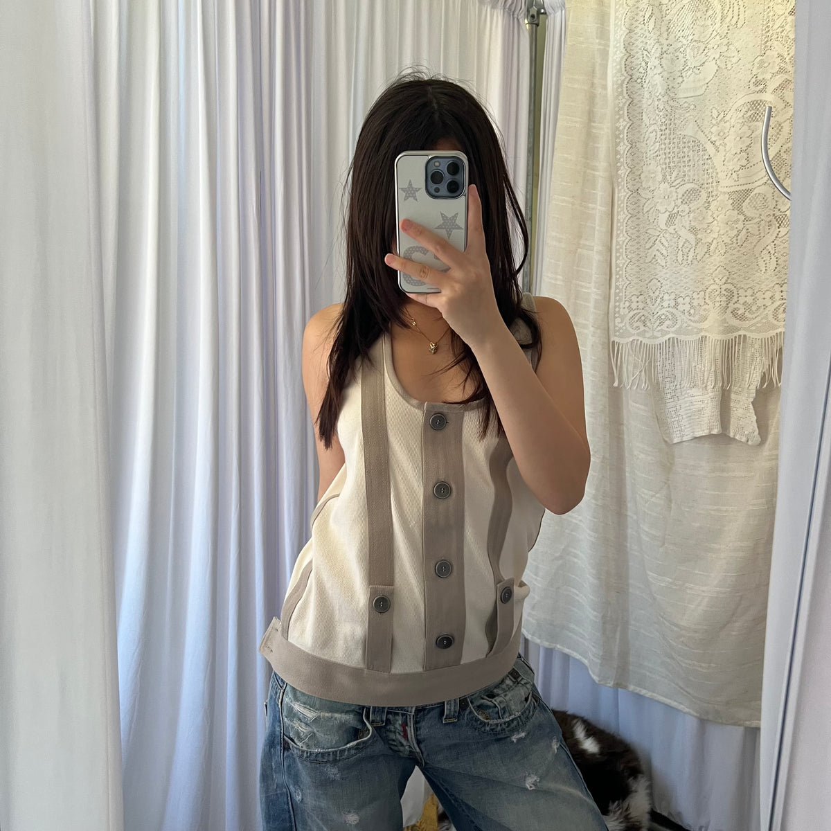 Adidas x Stella Mccartney Off White Taupe Striped Lace Up Vest