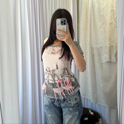 Cop Copine Grey Neon Pink Antique Graphic Tee