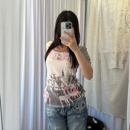 Cop Copine Grey Neon Pink Antique Graphic Tee