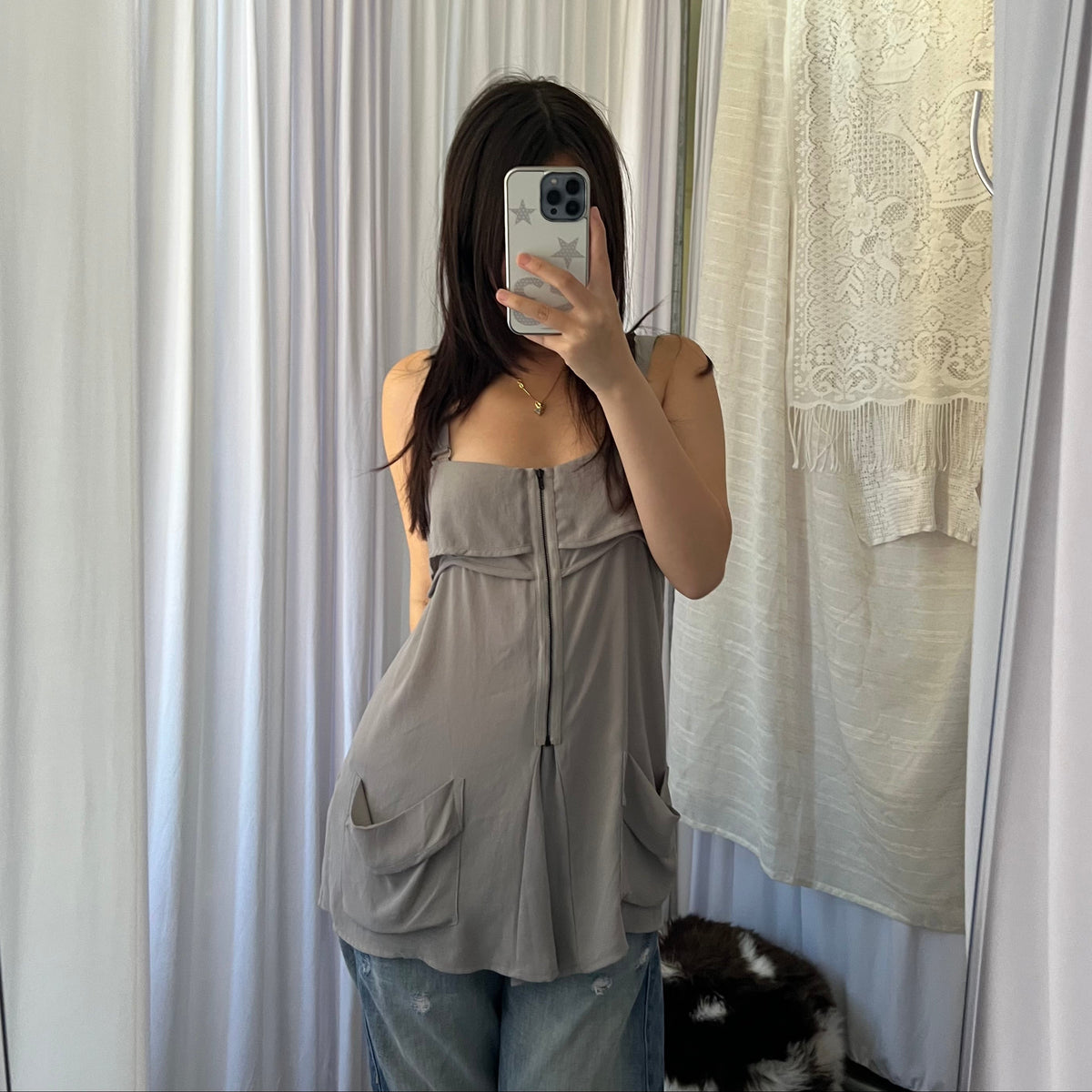Grey Layered Zip Long Tunic Vest