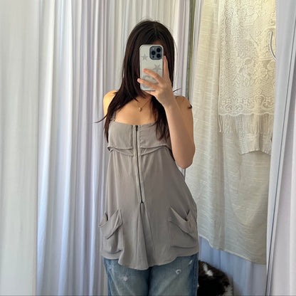 Grey Layered Zip Long Tunic Vest