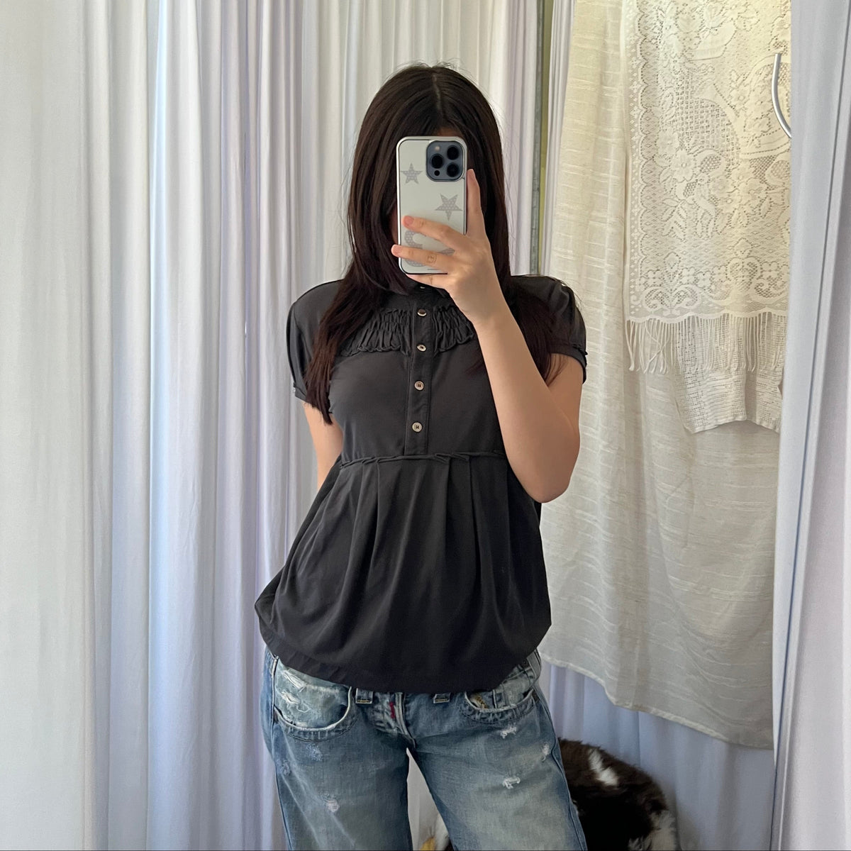 Anthracite Black Grey Pleated Ruched Puff Sleeve Polo Shirt