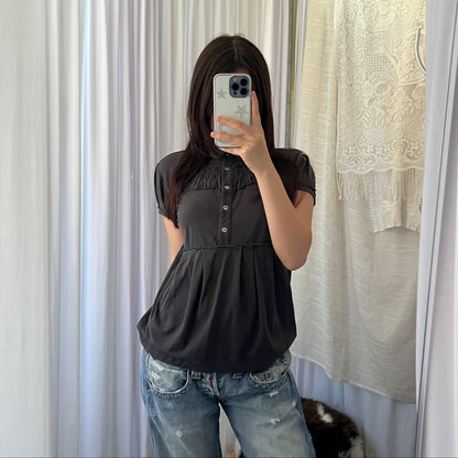 Anthracite Black Grey Pleated Ruched Puff Sleeve Polo Shirt