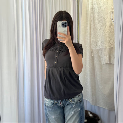 Anthracite Black Grey Pleated Ruched Puff Sleeve Polo Shirt