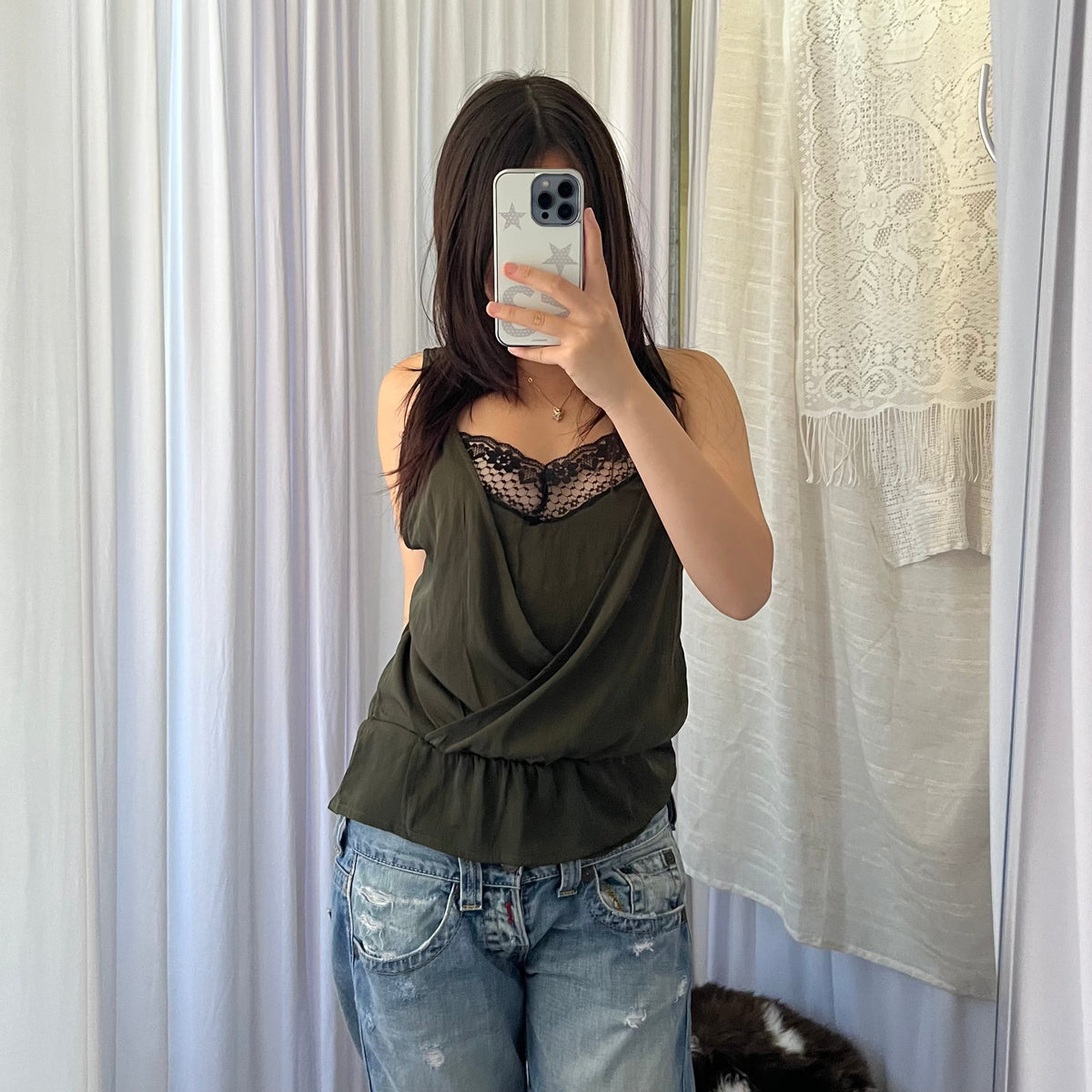Kaporal Khaki Black Lace Trim Draped Tunic Camisole
