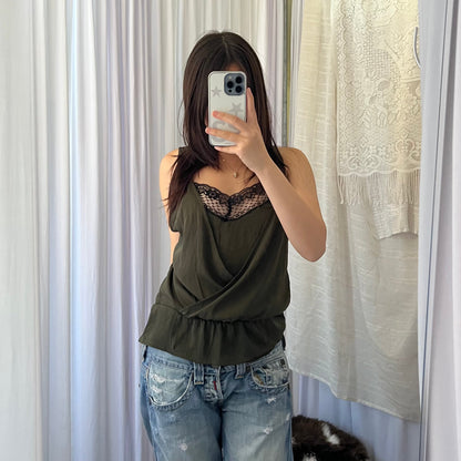 Kaporal Khaki Black Lace Trim Draped Tunic Camisole