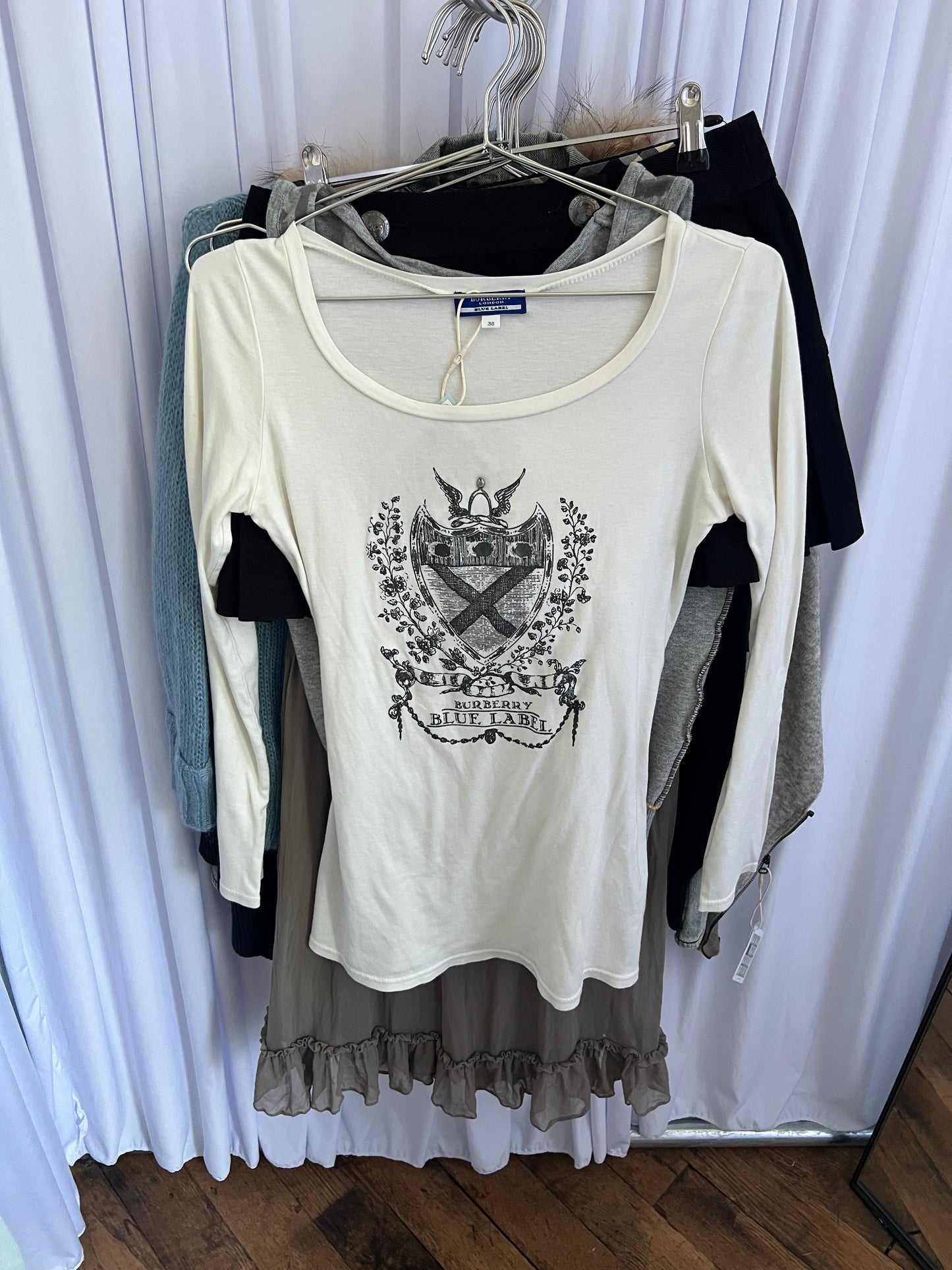 Burberry Blue Label White Preppy Ornate Graphic Long Sleeve Top