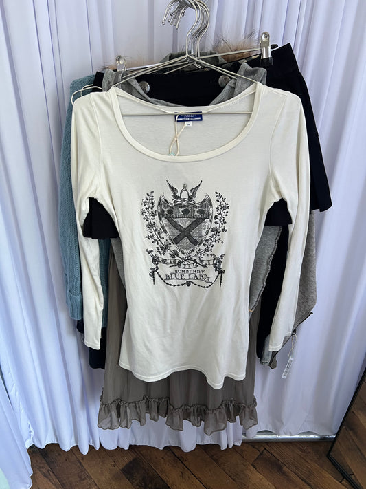 Burberry Blue Label White Preppy Ornate Graphic Long Sleeve Top