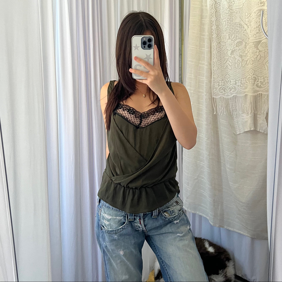 Kaporal Khaki Black Lace Trim Draped Tunic Camisole
