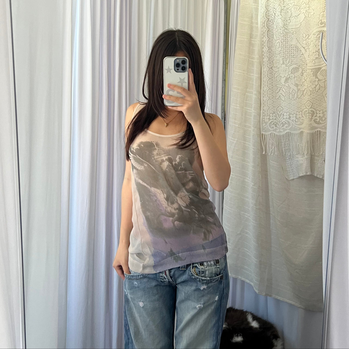 Ivory Beige Grey Faded Angel Graphic Vest