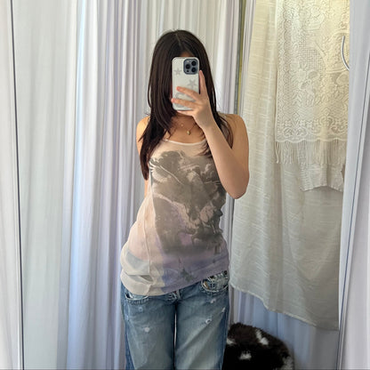 Ivory Beige Grey Faded Angel Graphic Vest