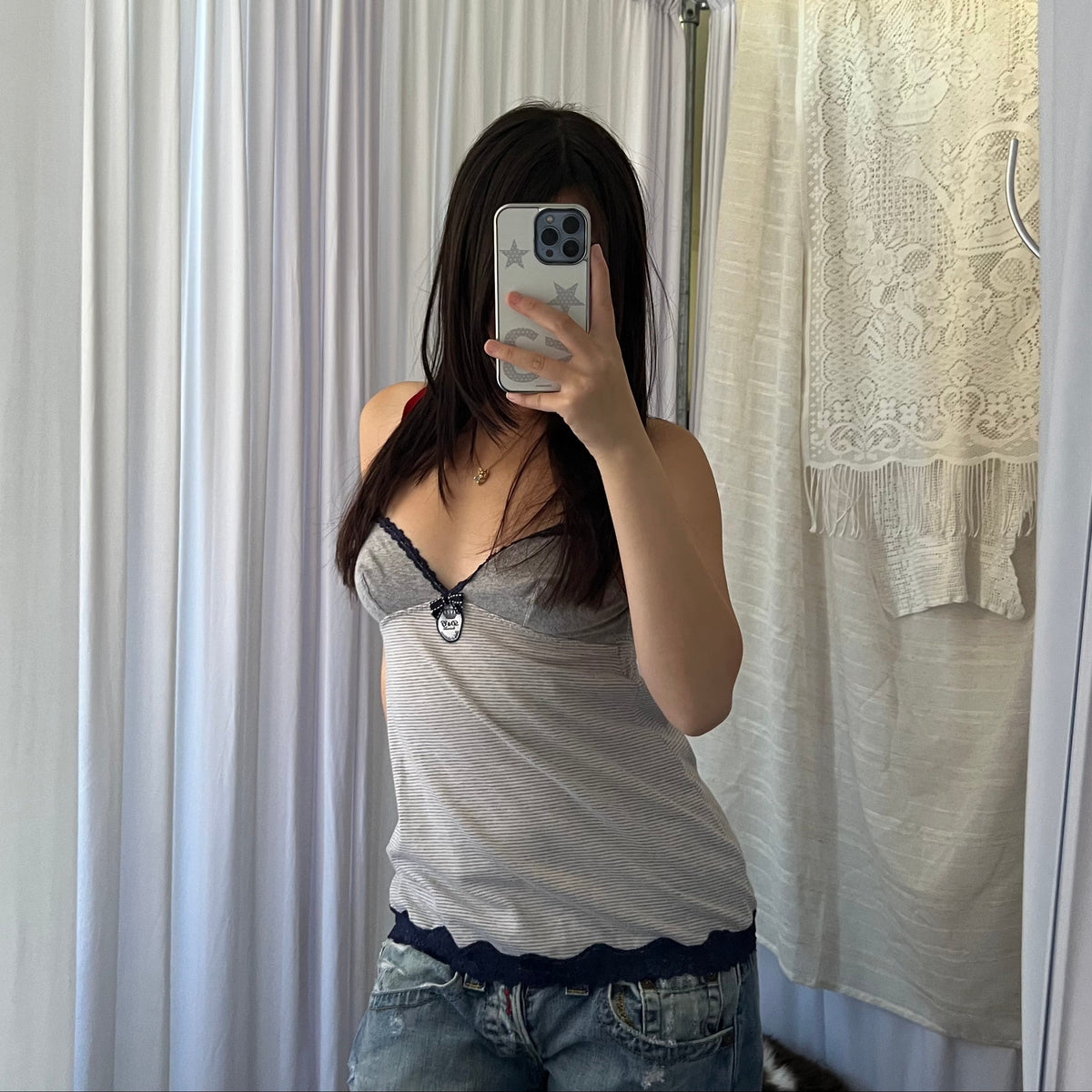 D&G Grey Striped Lace Trim Babydoll Camisole