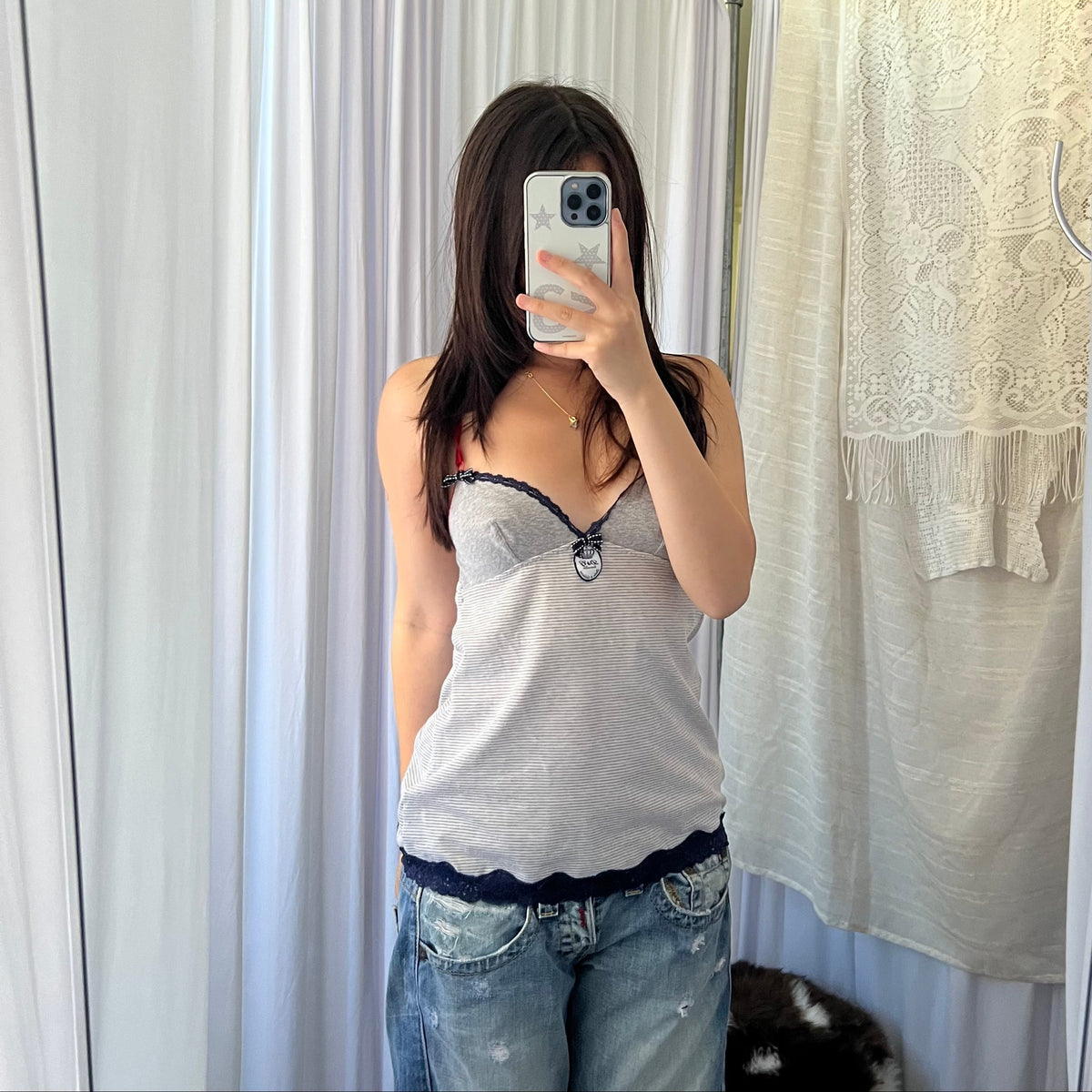 D&G Grey Striped Lace Trim Babydoll Camisole