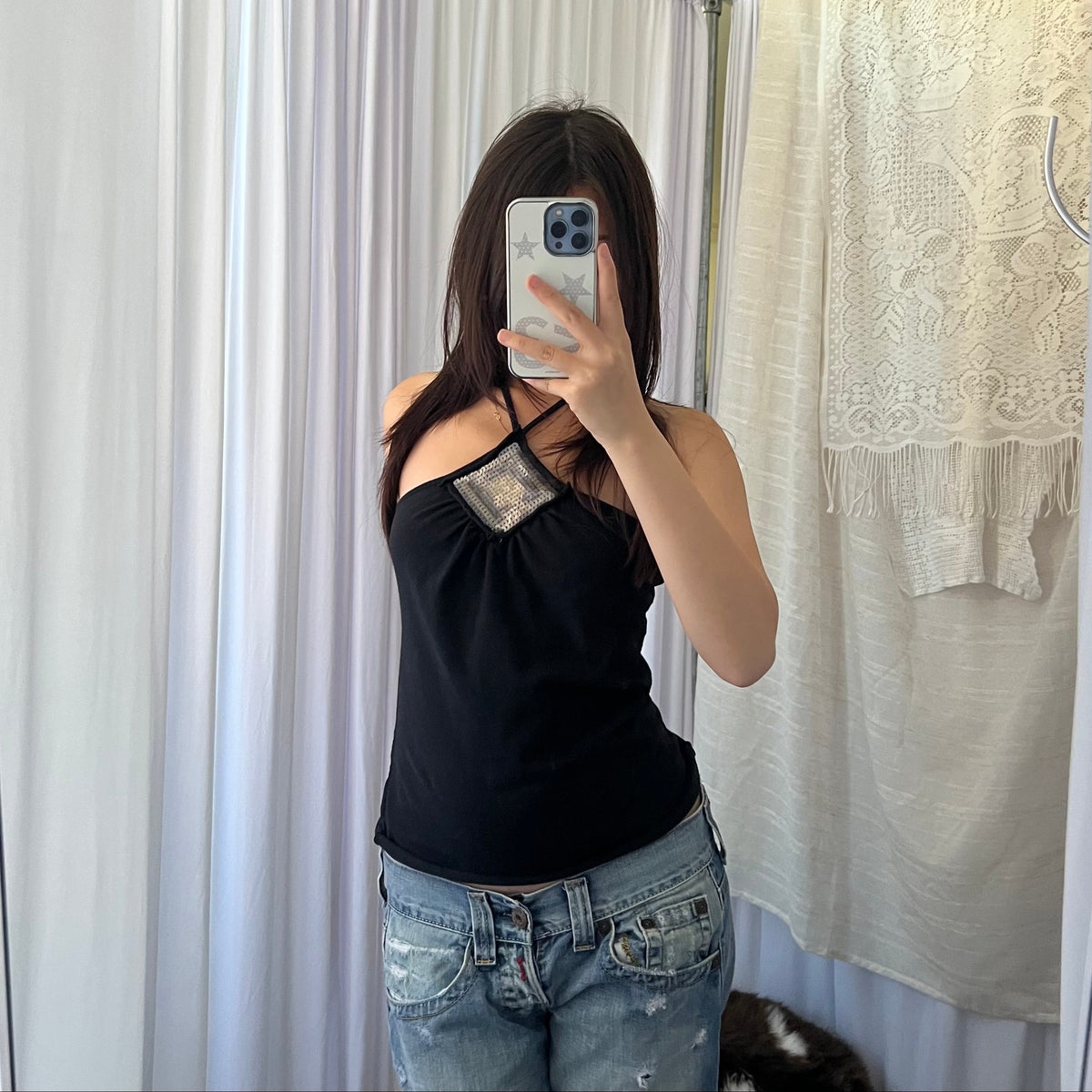 Beige Sequin Diamond Halterneck Camisole
