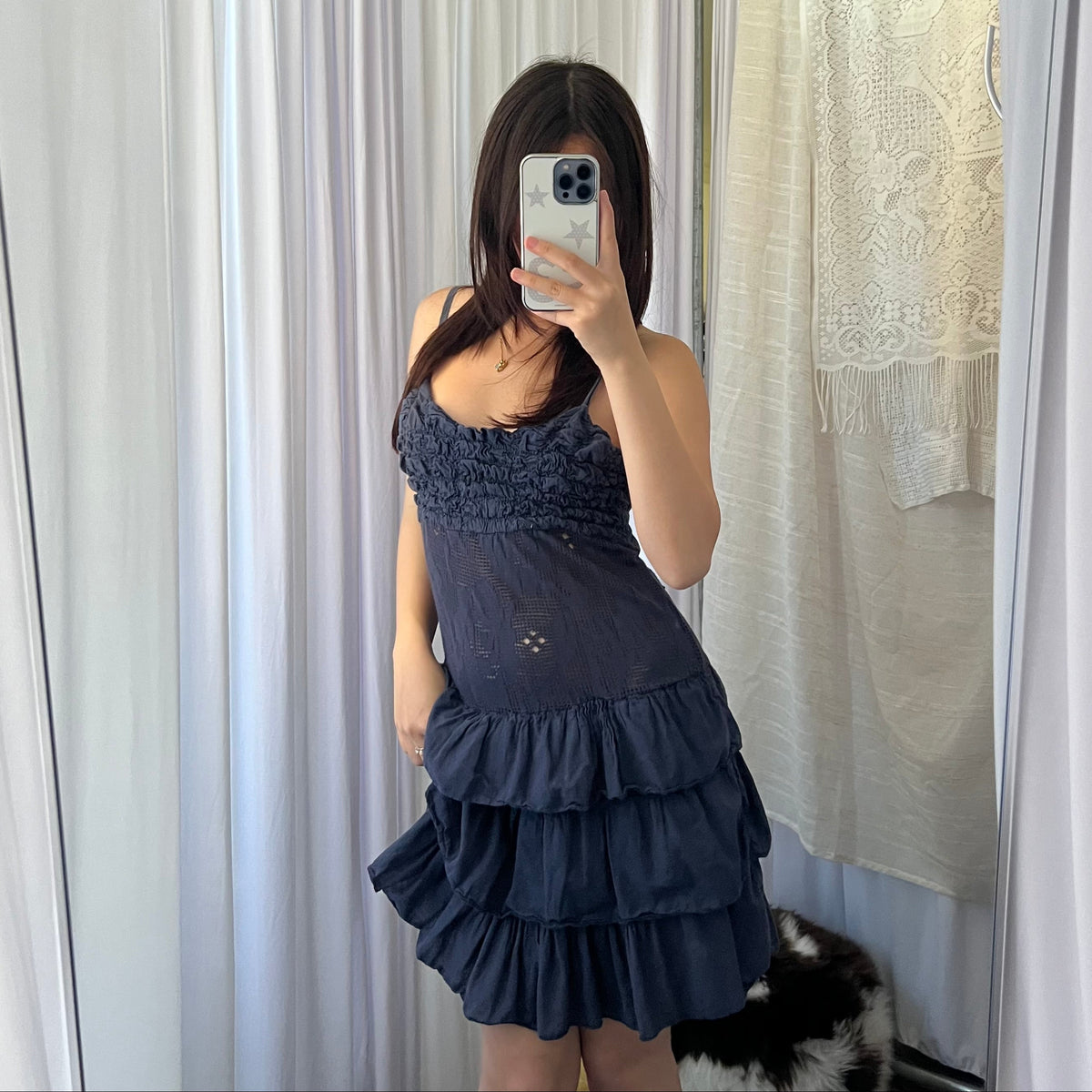 Navy Ruffle Floral Laser Cut Lace Ruffle Tiered Hem Mini Dress