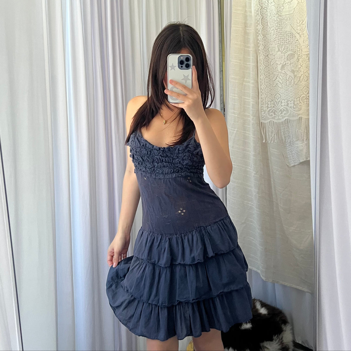Navy Ruffle Floral Laser Cut Lace Ruffle Tiered Hem Mini Dress