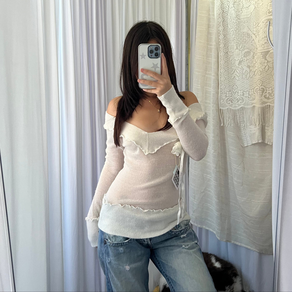 V Neck Rosette Long Sleeve Knit Jumper