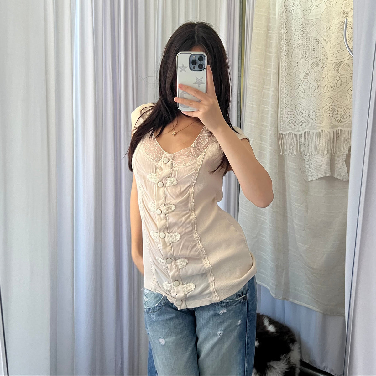 Ivory Lace Button Accent Blouson Top