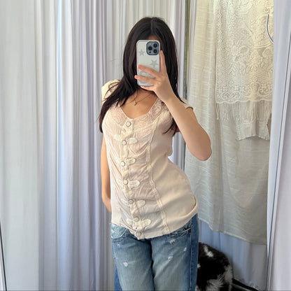 Ivory Lace Button Accent Blouson Top