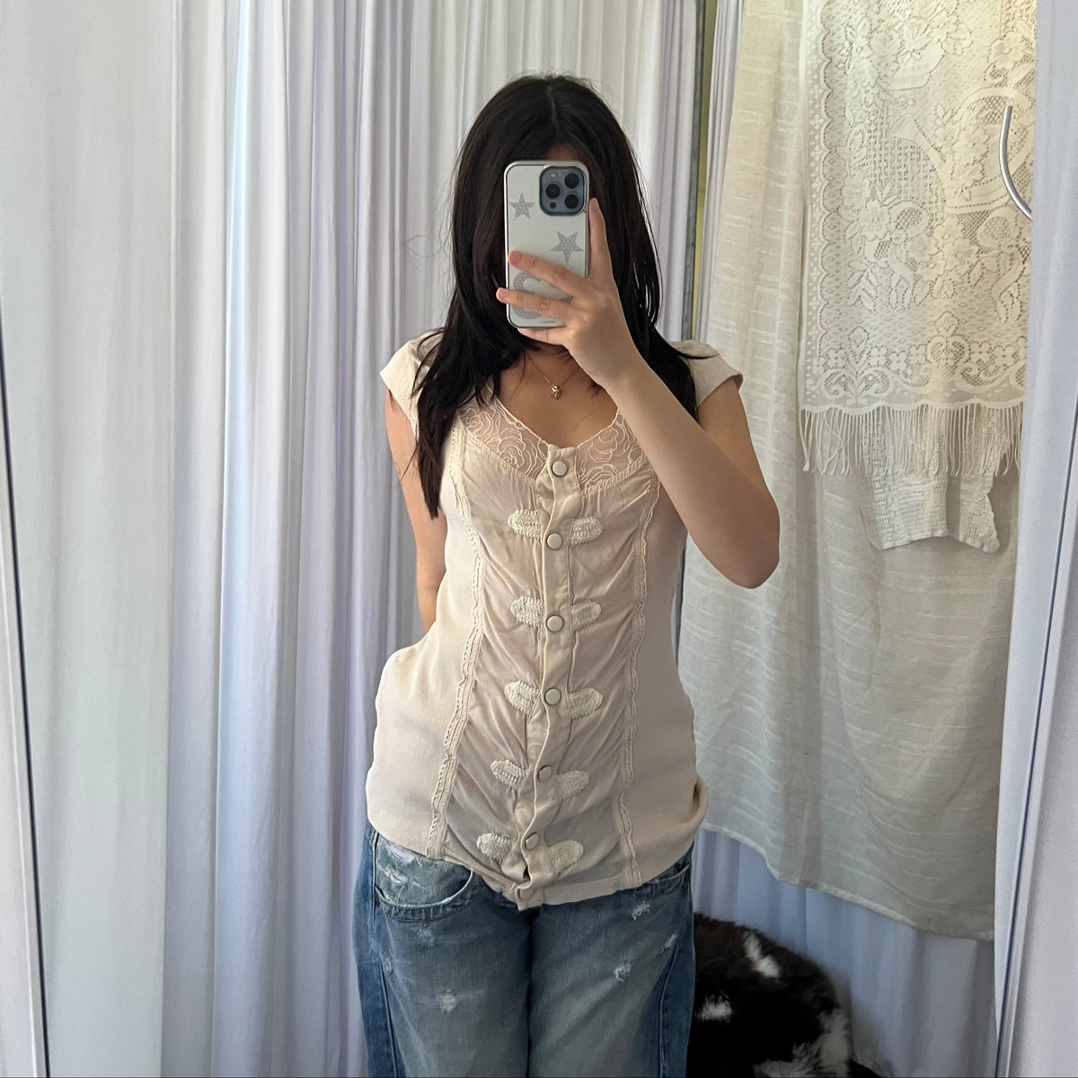 Ivory Lace Button Accent Blouson Top