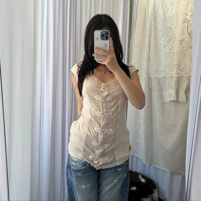 Ivory Lace Button Accent Blouson Top