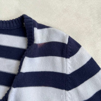 tally weiji white navy ribbed 3/4 sleeve sporty cropped knit sweater