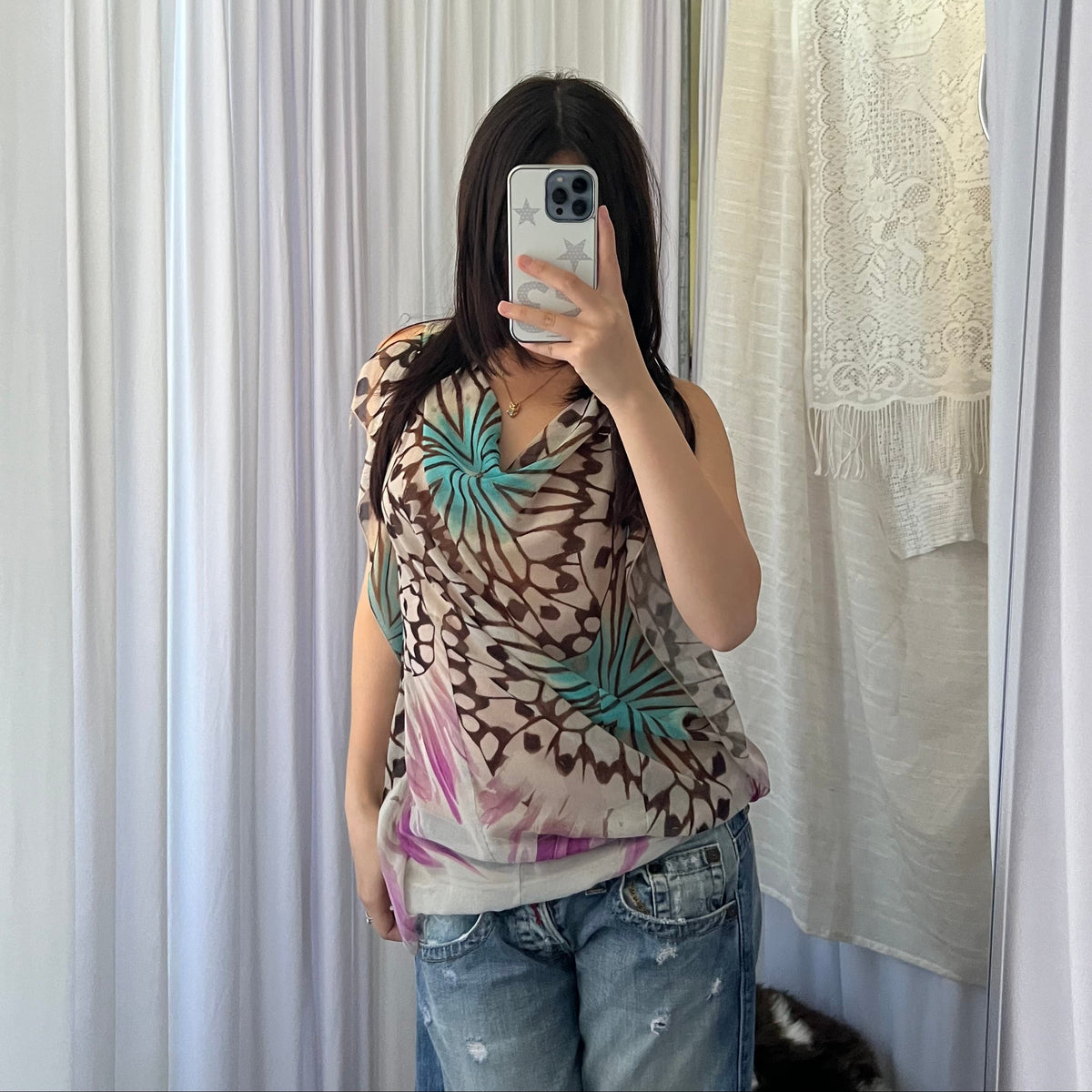 Butterfly Turquoise Pink Draped Blouson