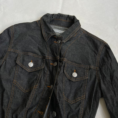 vintage fornarina dark indigo wash denim long sleeve cinched ribbed waist collared jacket