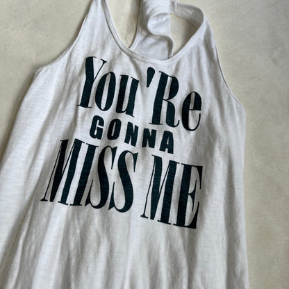 white navy fitted hem bubble long tank top with you're gonna miss me graphic